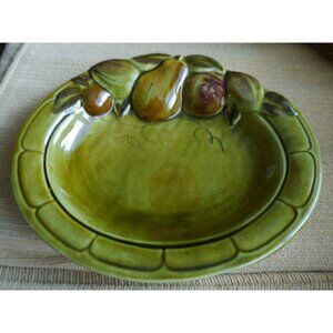 Vintage MCM Los Angeles Potteries Serving Bowl with 3D Pears Olive Green Crazing